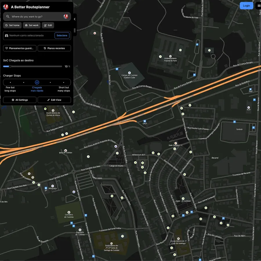 A Better Routeplanner’s trip panel over a dark street map