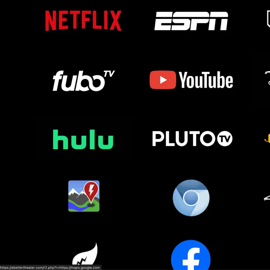 Streaming service logos — Netflix, ESPN, fuboTV, YouTube, Hulu, Pluto TV — on a black launcher