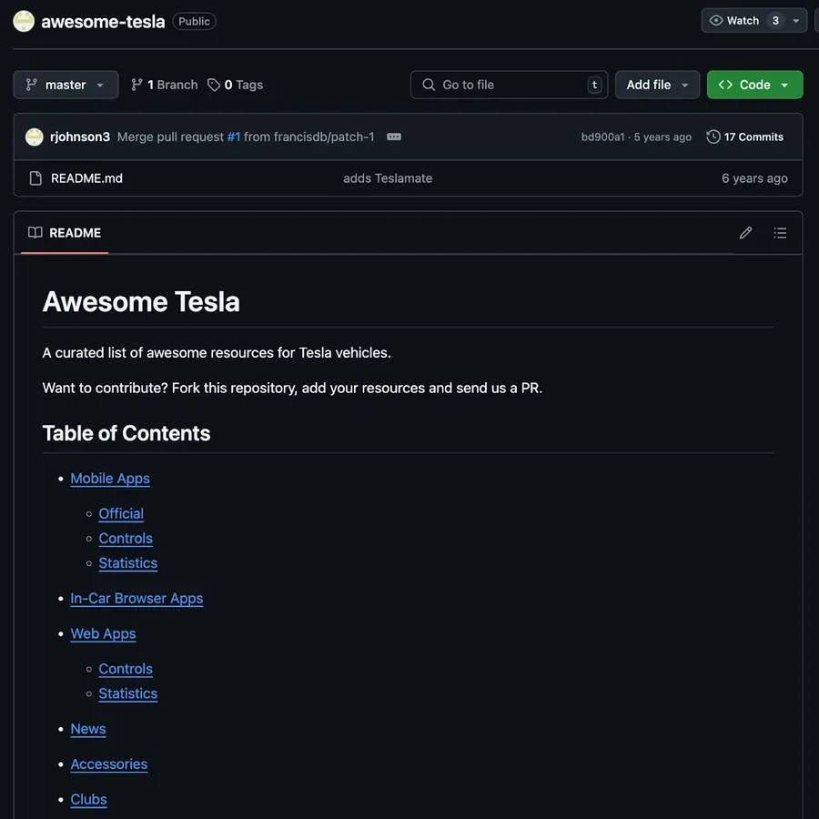 The awesome-tesla GitHub repository README: “A curated list of awesome resources for Tesla vehicles”