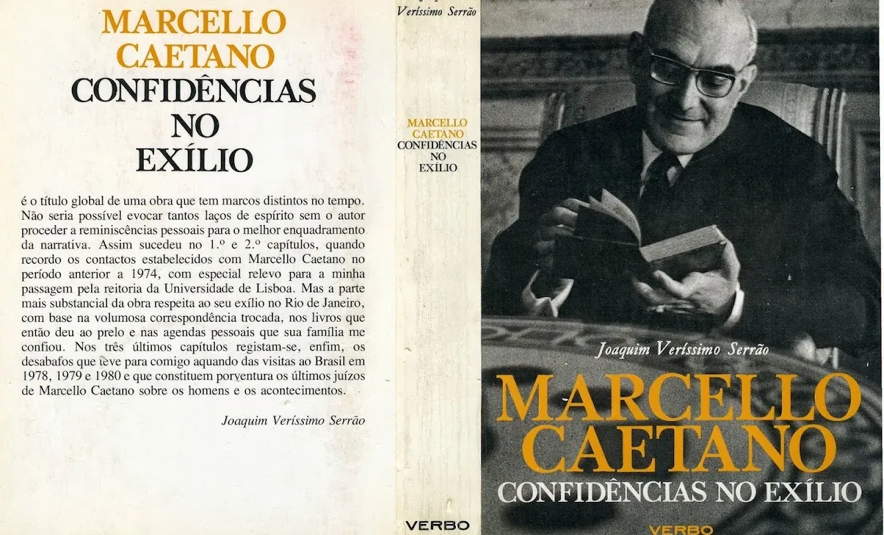Capa, lombada e contracapa do livro "Marcello Caetano – Confidências no Exílio", de Joaquim Veríssimo Serrão, edição Verbo.