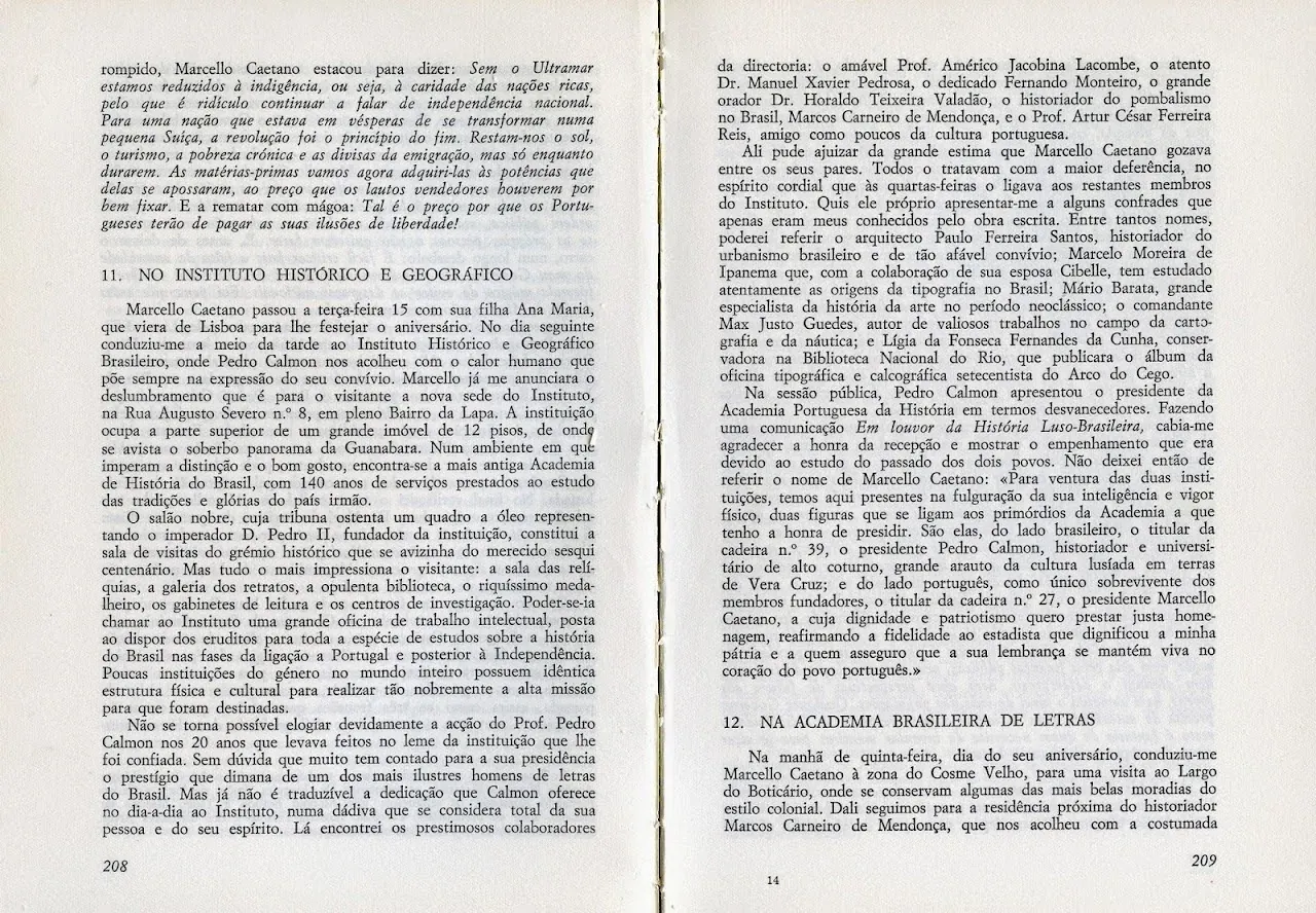 Páginas 208 e 209 de "Confidências no Exílio"; no topo da página 208, a citação: "Sem o Ultramar estamos reduzidos à indigência, ou seja, à caridade das nações ricas…".