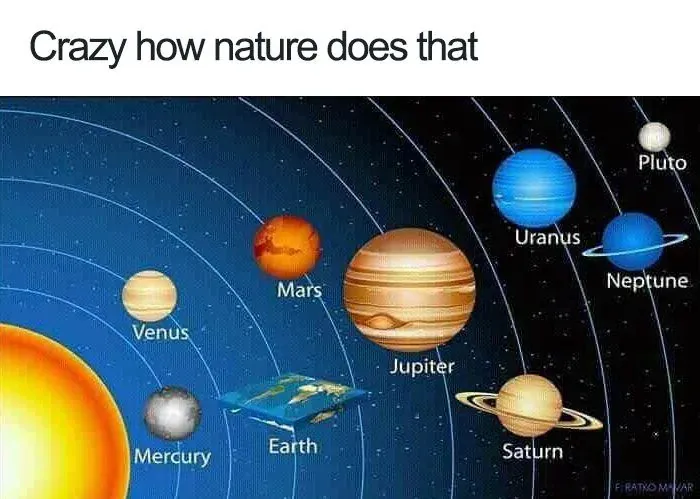Meme captioned "Crazy how nature does that": a solar system diagram where every planet is a sphere except Earth, drawn as a flat map.