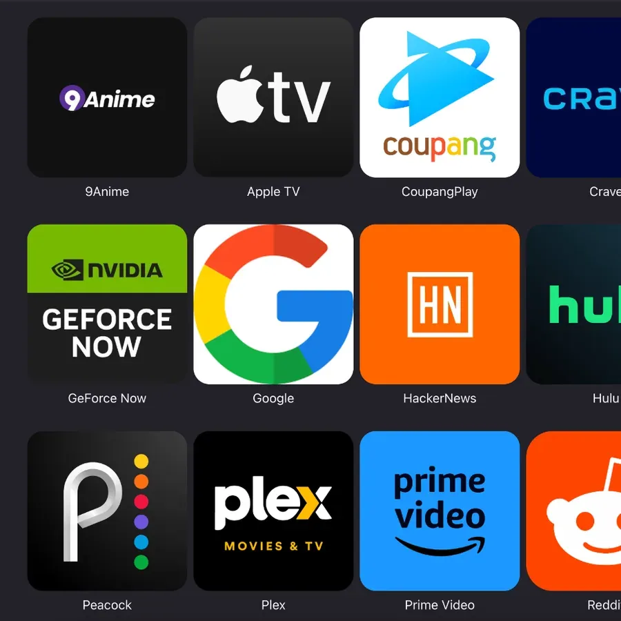 Rounded app tiles for 9Anime, Apple TV, GeForce Now, Google, HackerNews, Peacock, Plex and Prime Video