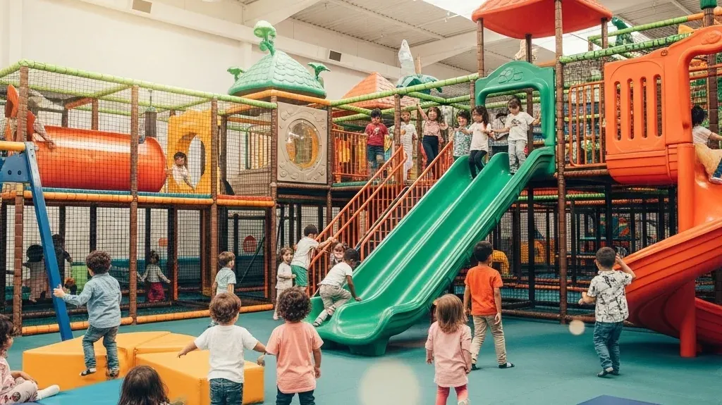 Children playing in a big indoor playground with green and orange slides, climbing nets and soft-play blocks