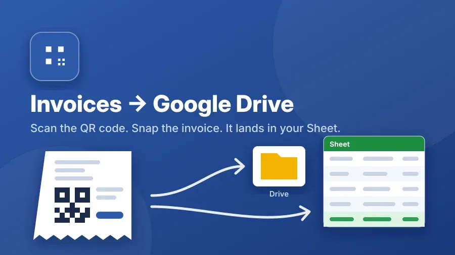 Invoice2GDrive banner: a four-square app icon, the title "Invoices → Google Drive", the tagline "Scan the QR code. Snap the invoice. It lands in your Sheet." and a receipt with a QR code flowing into a Drive folder and a new spreadsheet row
