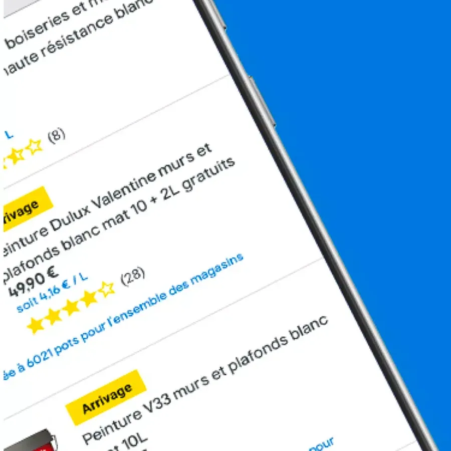 Shopping app screen listing wall and ceiling paints with ratings and prices