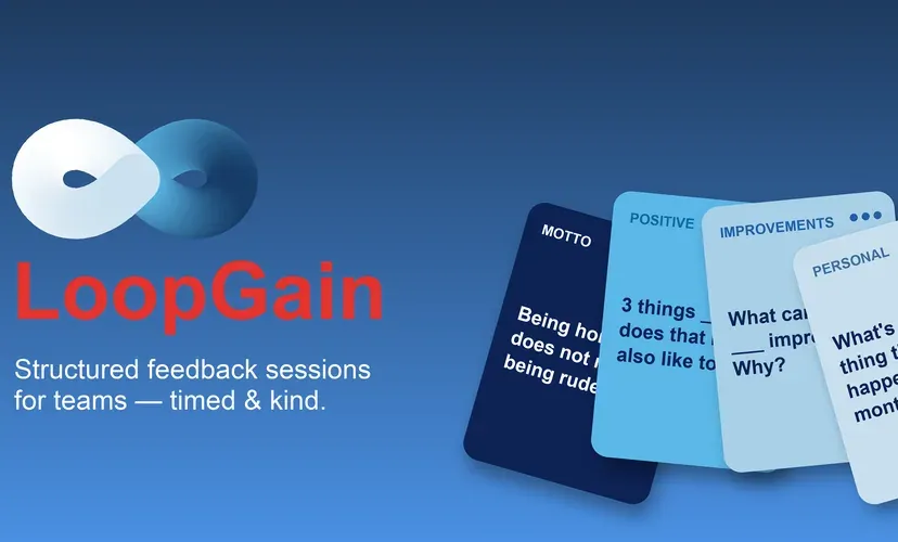 LoopGain banner: the infinity logo, the tagline "Structured feedback sessions for teams — timed & kind." and a fan of question cards