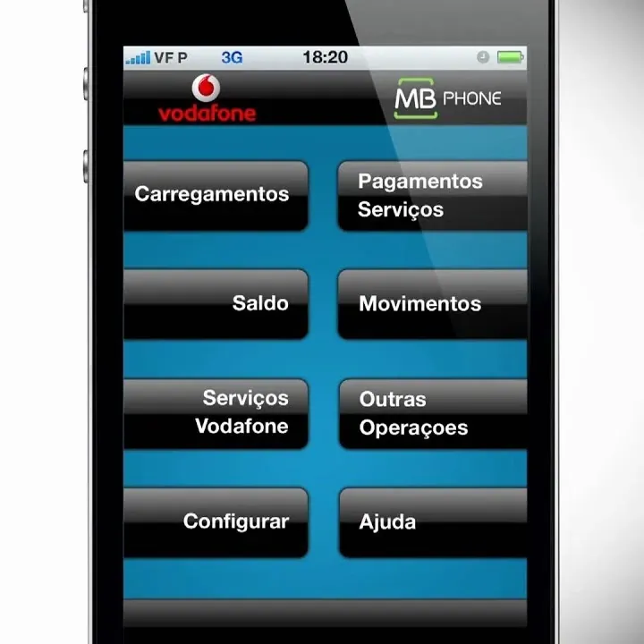 MB Phone app menu on a phone: top-ups, payments, balance and transactions