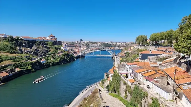 View up the Douro river from a hillside viewpoint, with a bridge in the distance