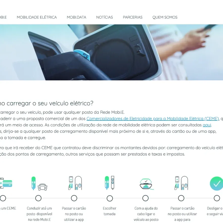 Mobi.E page on how to charge an electric vehicle, with a charging cable plugged into a car