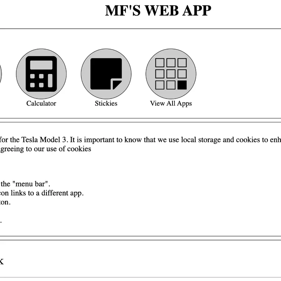 “MF’s Web App” page with round Calculator, Stickies and View All Apps icons