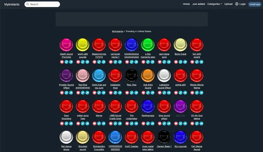 Myinstants trending page: a grid of big, glossy, coloured sound buttons