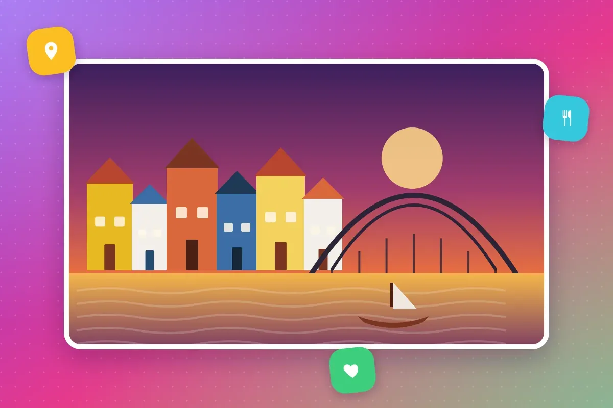 Illustration of the Ribeira do Porto skyline at dusk, with the Dom Luís bridge
