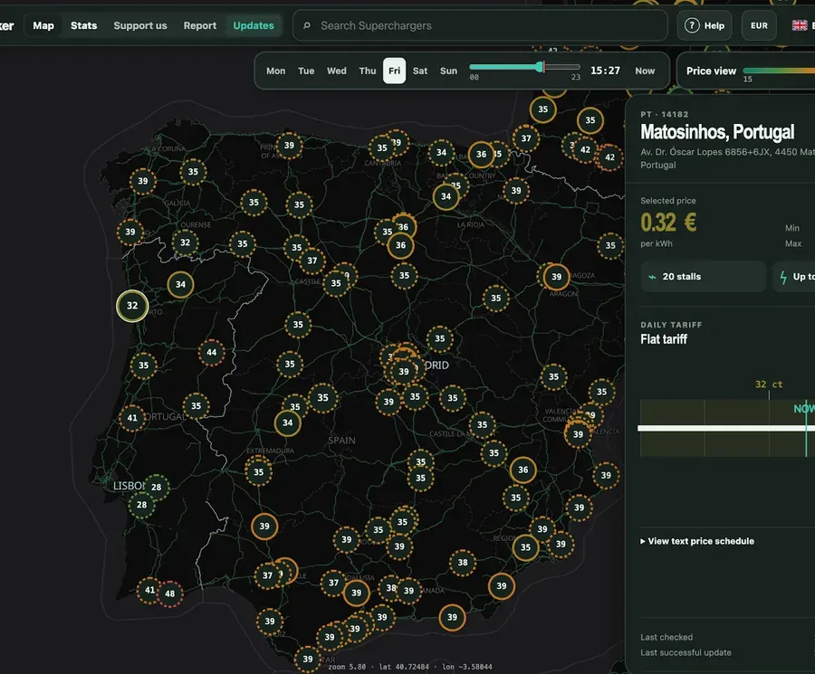 Dark map of Portugal and Spain dotted with Supercharger price markers, one in Matosinhos selected