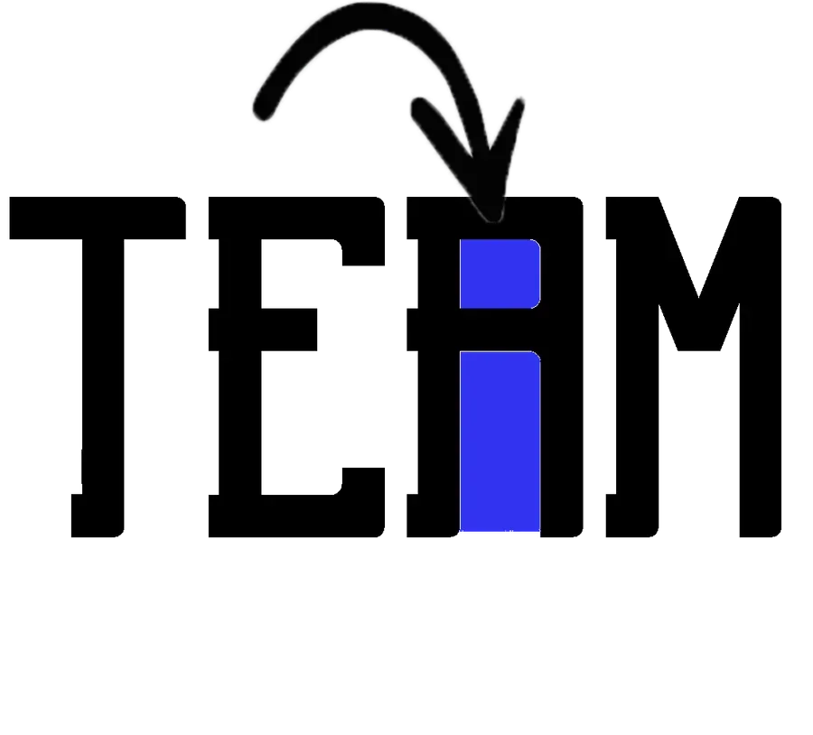 The word TEAM, with an arrow pointing at a blue letter “i” hidden inside the A