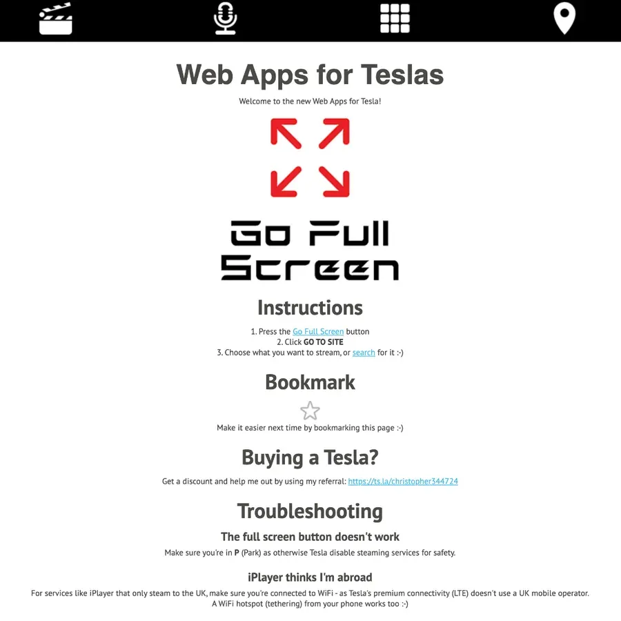 “Web Apps for Teslas” page with a big Go Full Screen button and instructions
