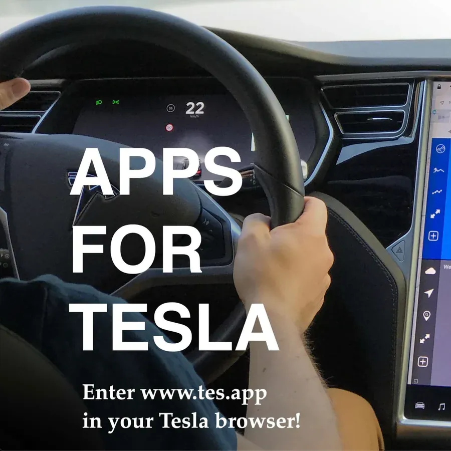 Hands on a Tesla steering wheel next to the touchscreen, captioned “Apps for Tesla — Enter www.tes.app in your Tesla browser!”