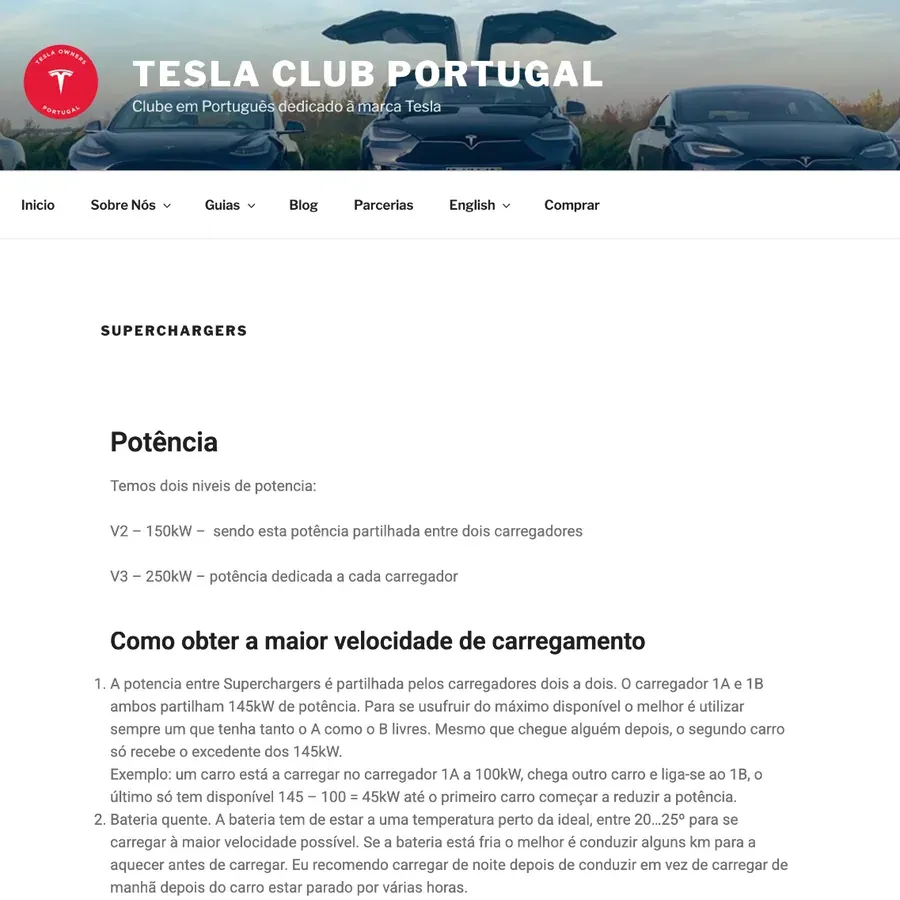 Tesla Club Portugal’s Superchargers page, with a row of Teslas in the header