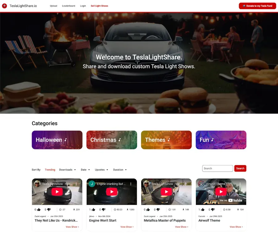 TeslaLightShare home page, “Share and download custom Tesla Light Shows”, with Halloween, Christmas, Themes and Fun categories