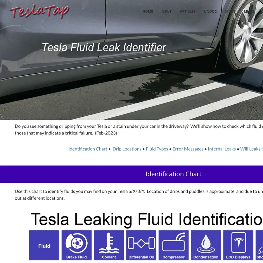 TeslaTap’s “Tesla Fluid Leak Identifier” article, showing a puddle beside a parked Tesla