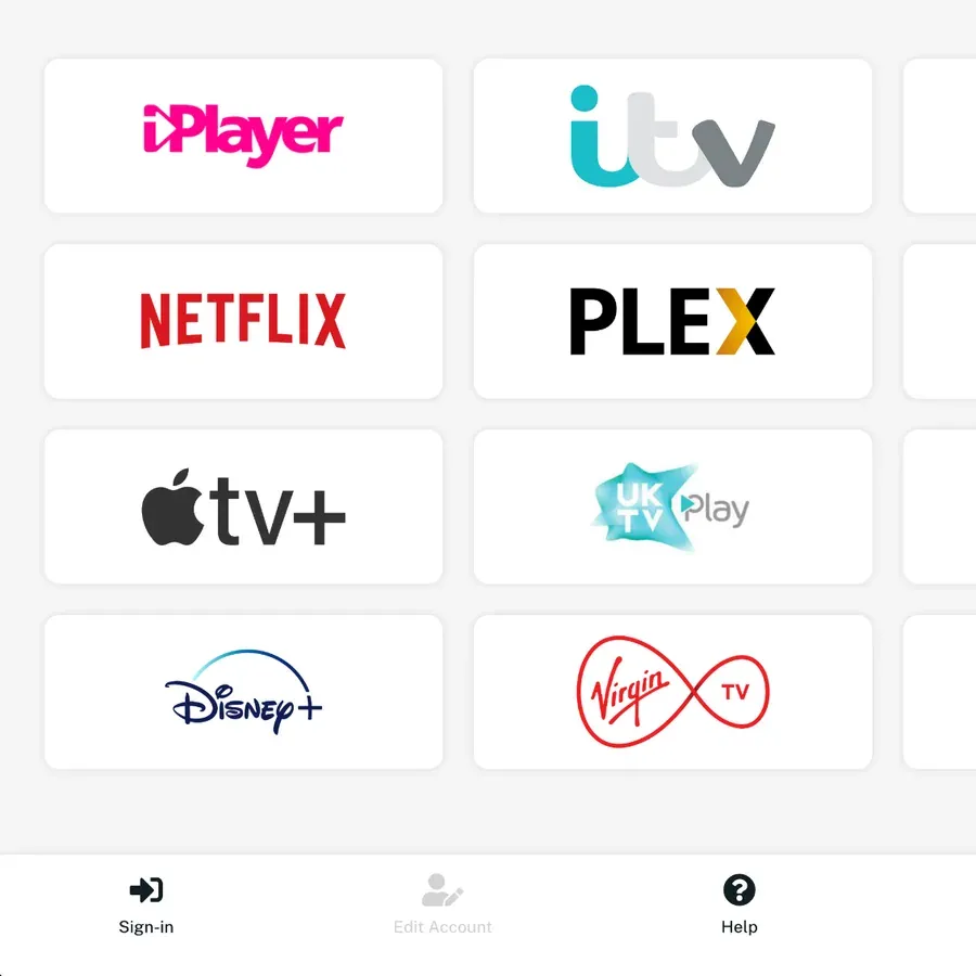 White tiles with the iPlayer, ITV, Netflix, Plex, Apple TV+, UKTV Play, Disney+ and Virgin TV logos