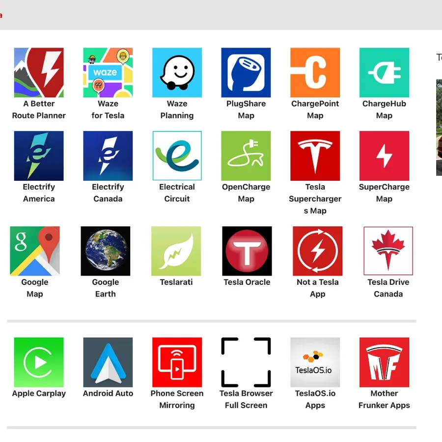 Grid of app icons including A Better Route Planner, Waze, PlugShare, ChargePoint, Google Maps and Apple Carplay