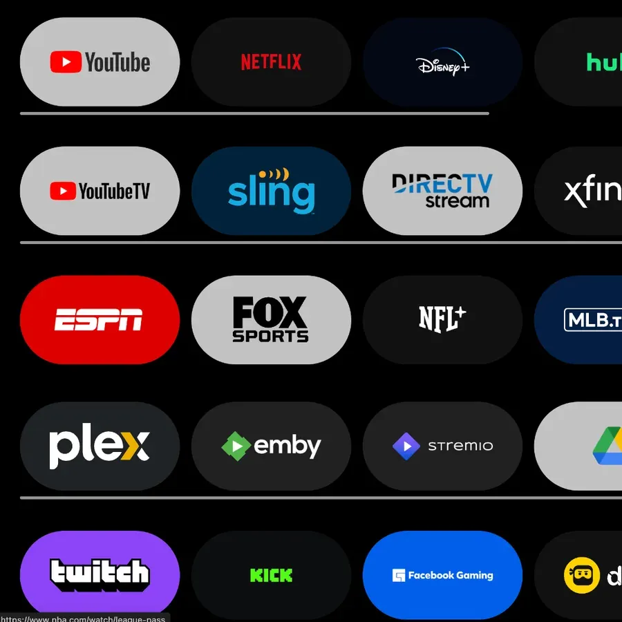 Rows of pill-shaped buttons for YouTube, Netflix, Disney+, Sling, ESPN, FOX Sports, Plex and Twitch