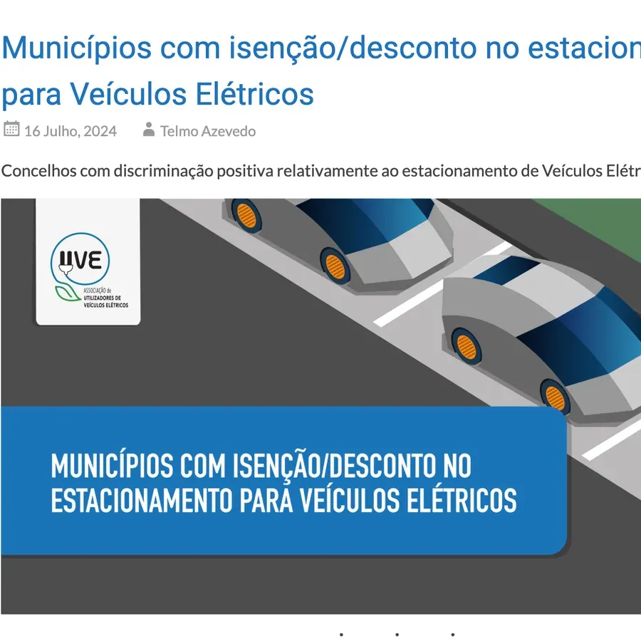 UVE article on municipalities with parking exemptions or discounts for electric vehicles, illustrated with parked cars