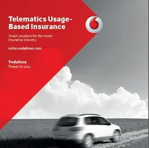 Vodafone "Telematics Usage-Based Insurance" brochure cover with a car on the road