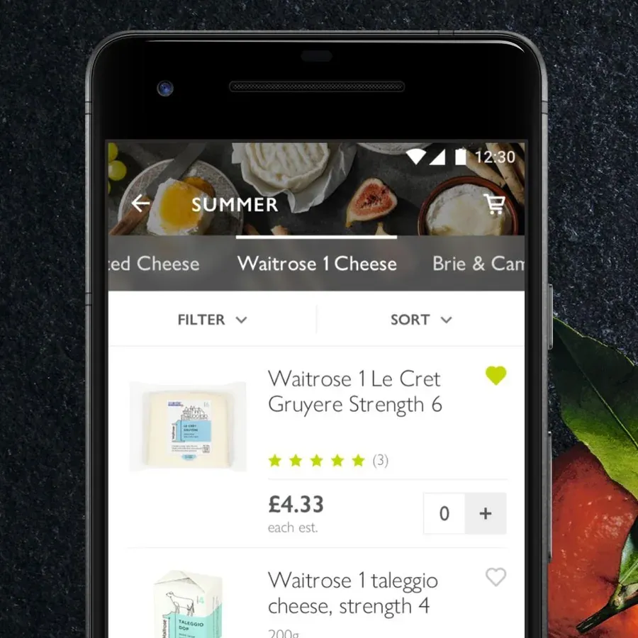 Waitrose Android app on a phone listing cheeses